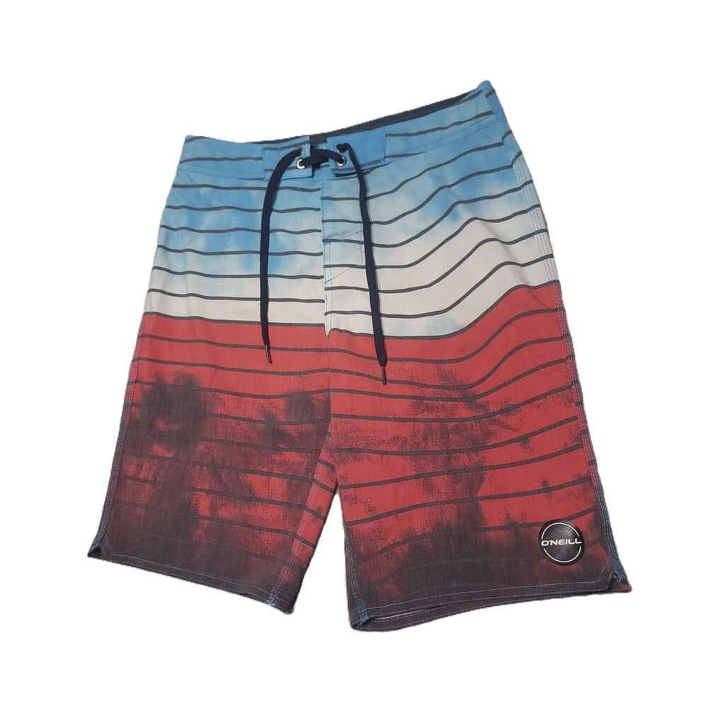 O’Neill Board Shorts Swim Trunks Mens 28 Red White Blue USA Striped Pocket